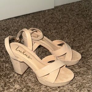Lulu's Neutral Beige Suede Platform Block Heels